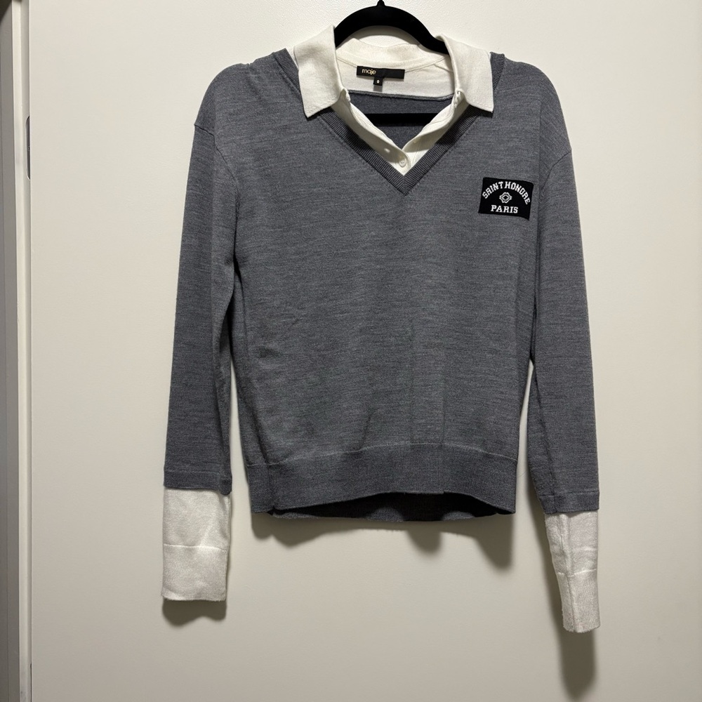 Maje Gray and White V-Neck Sweater